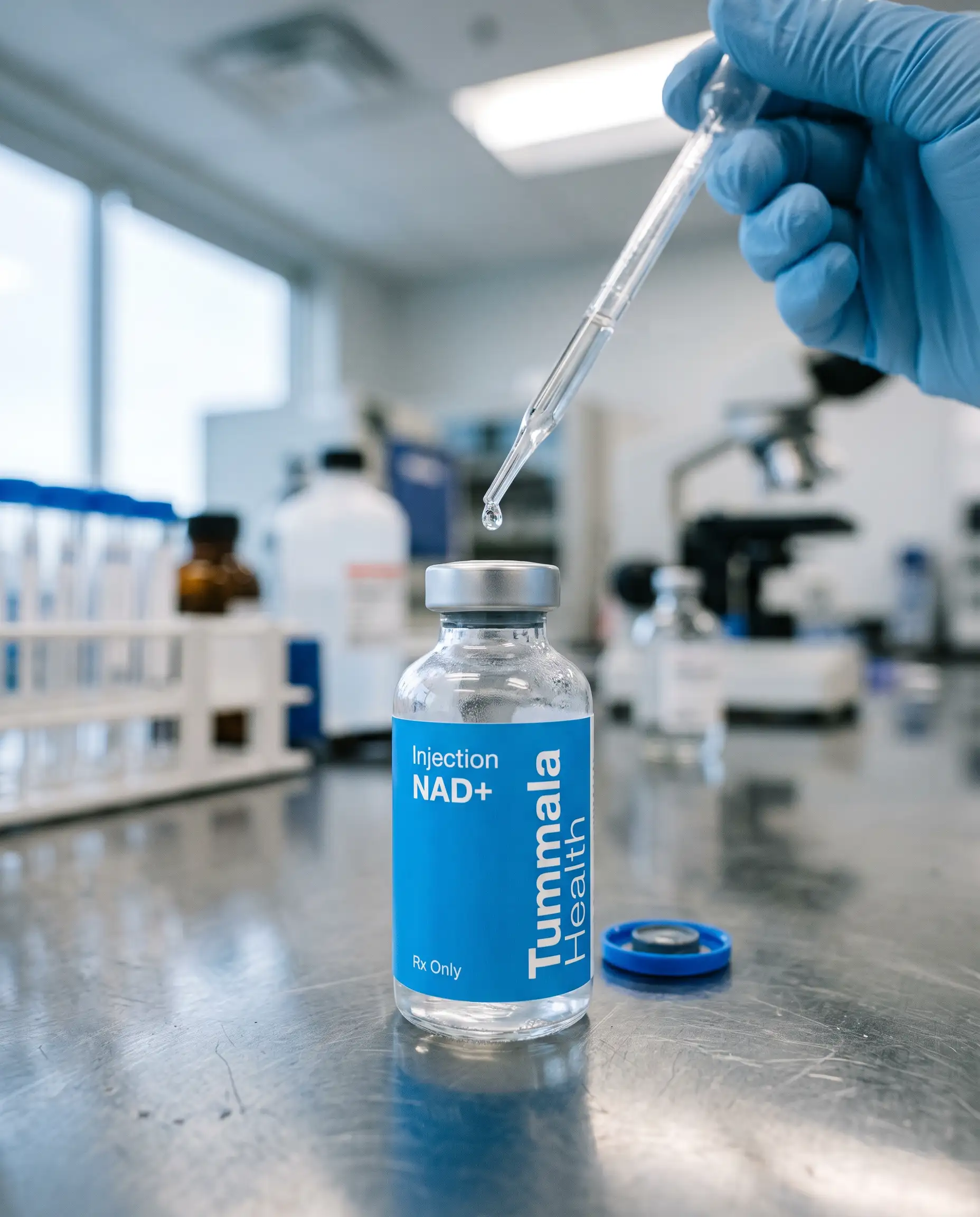 A gloved laboratory technician dispensing medication into an NAD+ injection vial
