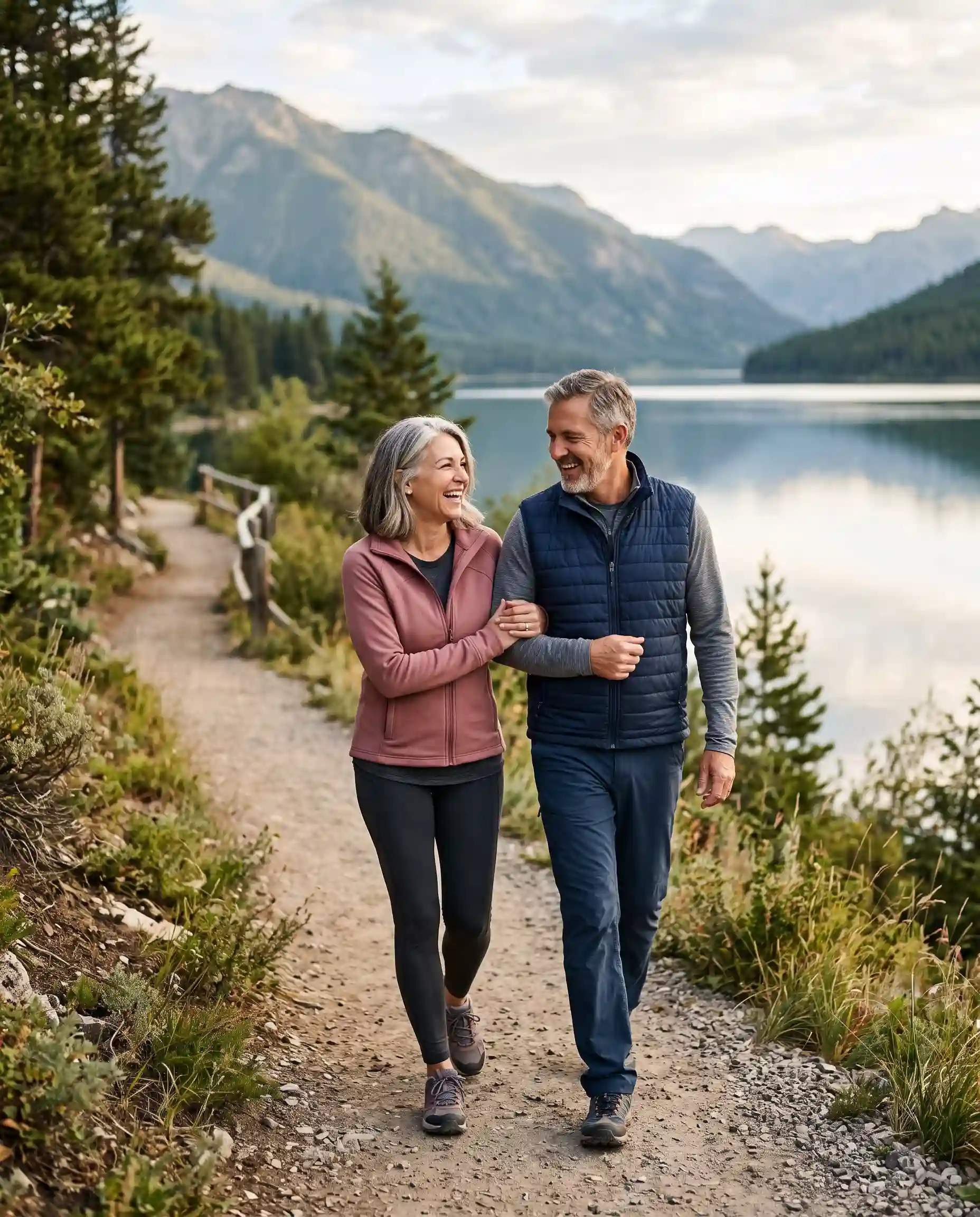 A healthy mature couple walking together on a lakeside mountain trail